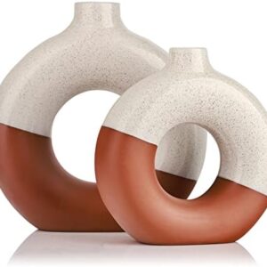 Terracotta Vase Decor Donut Vase Set of 2 - Circle Hollow Vase, Modern Matte Ceramic Vase for Entryway Living Room Bedroom