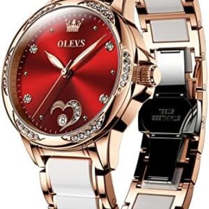OLEVS Women's Ceramic Watch Red Face Automatic Watches for Women White and Rose Gold Stainless S AIRufus AI