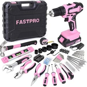 FASTPRO 177-Piece 20V Pink Cordless Lithium-ion Drill Driver and Home Tool Set, Lady's Home Repairing Tools