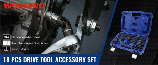 WORKPRO 18Pieces Drive Tool Accessory Set Includes Socket Adapters Socket Extension Bar Swivel Universal Joints Impact Coupler - Image 3