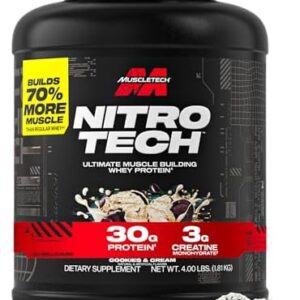 Muscletech Whey Protein Powder (Cookies & Cream, 4 Pound) - Nitro-Tech Ultimate Muscle Building Formula with Whey Protein Isolate & Peptides - 30g of Protein, 3g of Creatine & 6.8g of BCAA : Health & Household