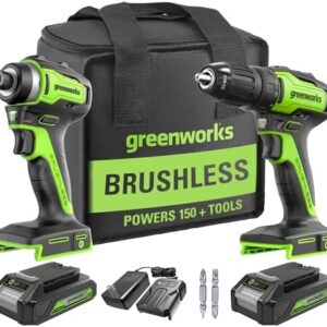 Greenworks 24V Brushless Cordless Drill and Impact Driver,Power Tool Combo Kit Included 1/2”Drill & 1/4”Hex Impact Driver and (2) Batteries, Fast Charger, 2 pcs Drill Bit Set & Bag -